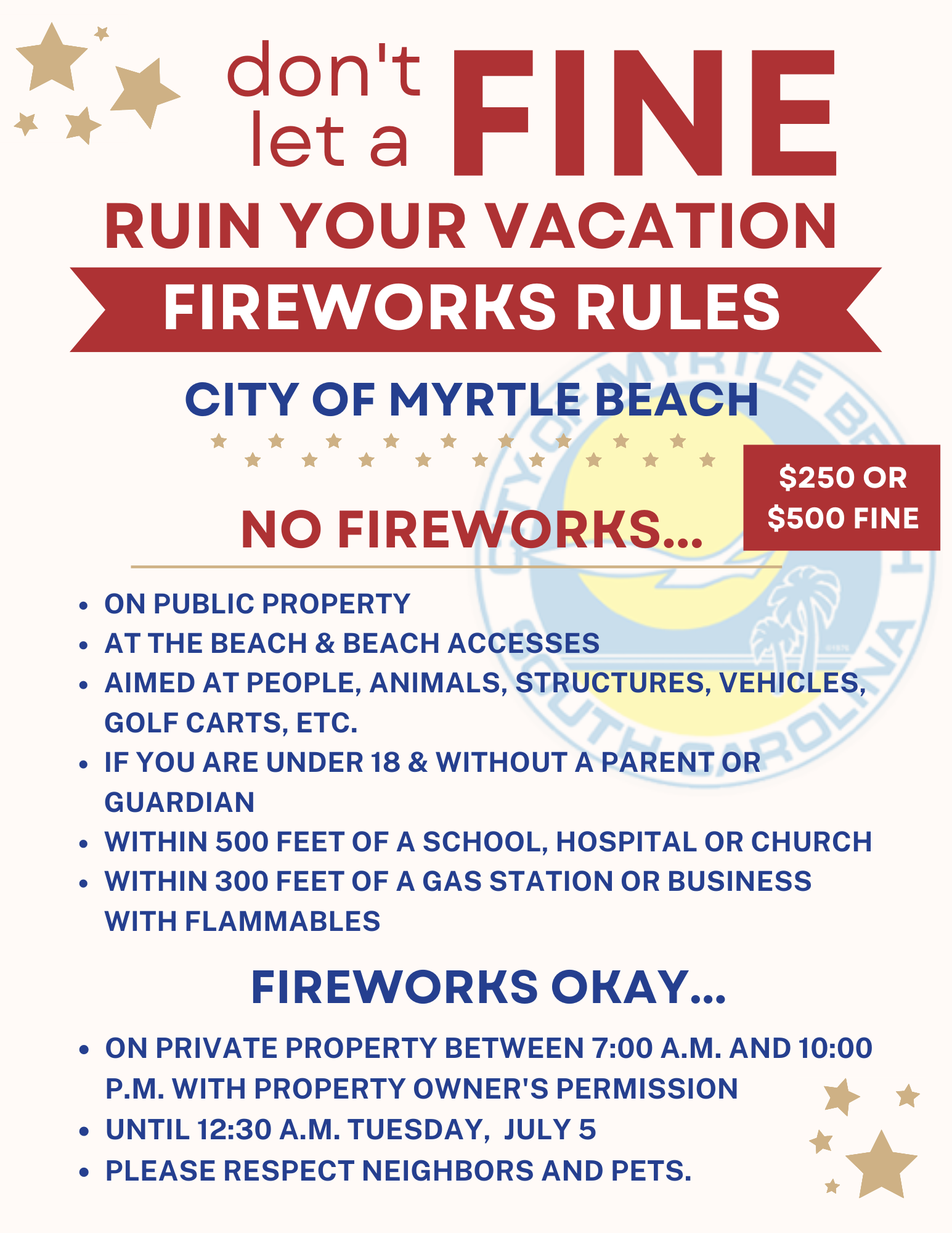1. South Carolina law about fireworks regulation has changed, and the City of Myrtle Beach has updated its ordinance to comply. The city’s new rule allows fireworks on private property – with limits about ti (2)